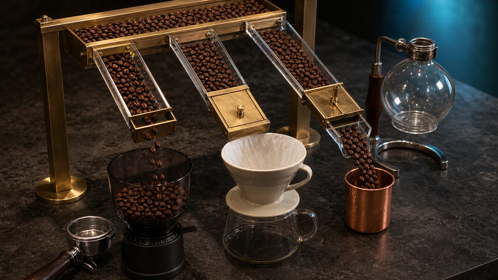 A brass coffee-bean dosing splitter sends beans through one open channel into a grinder, closes a center channel above a ceramic pour-over dripper, and diverts a third into a copper catch cup beside a glass siphon brewer.