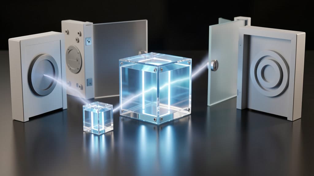 A luminous AI model cube moving through physical routing gates