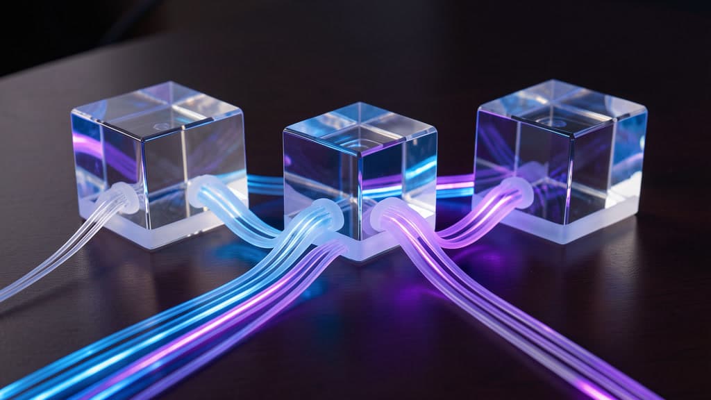 Three translucent glass cubes connected by glowing light paths, representing model routing choices for Claude Fable 5 workflows.