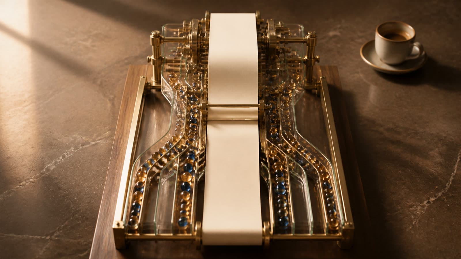 A blank paper ribbon runs through a brass and glass tabletop mechanism bordered by rows of amber and blue beads, with a ceramic vessel nearby.