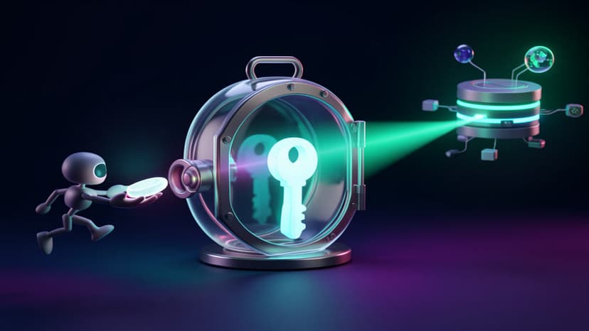 Abstract courier path where a request token enters a glowing local vault and only a result returns, the raw key never leaving the core.