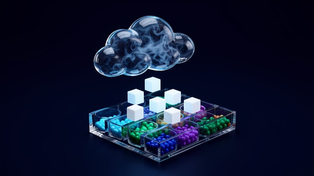 A glass cloud releases blank cubes into a transparent sorting tray filled with colored beads on a deep navy, cyan, emerald, and violet background.