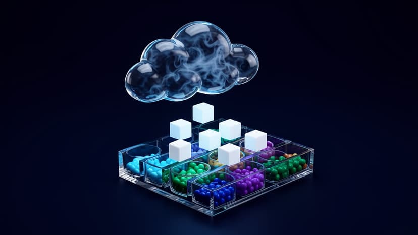 A glass cloud releases blank cubes into a transparent sorting tray filled with colored beads on a deep navy, cyan, emerald, and violet background.