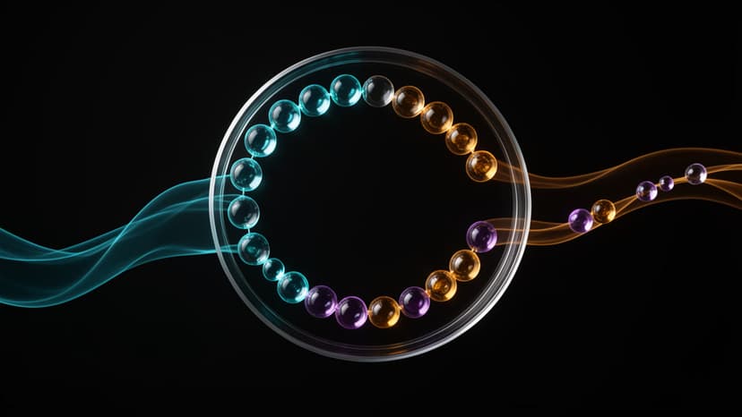 Cyan, amber, and violet glass beads loop through a clear ring as cyan and amber light trails enter from opposite sides.