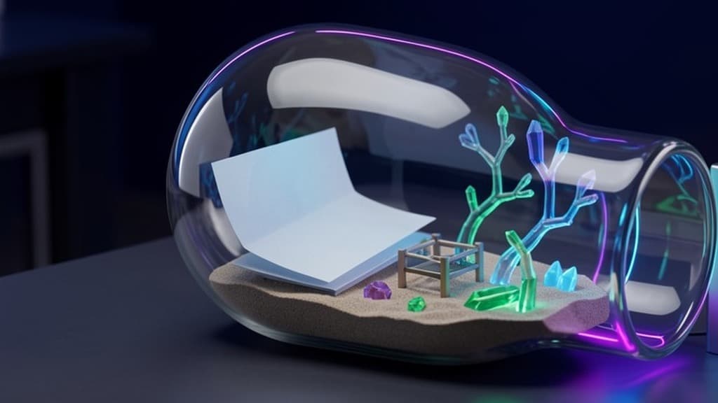 A glowing glass bottle diorama with paper-like artifacts, crystals, and branching light paths on a dark lab table.