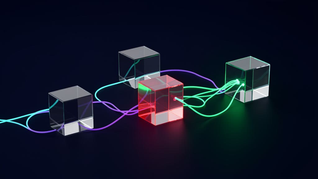 Blank glass package cubes connected by glowing fiber paths with one restricted dependency block rerouting the agent path.