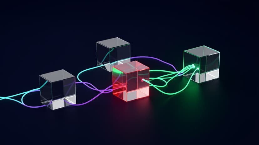 Blank glass package cubes connected by glowing fiber paths with one restricted dependency block rerouting the agent path.