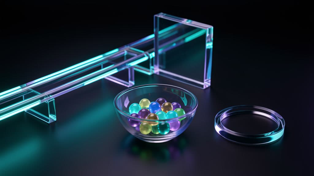 A dark CI pipeline rail passes through a transparent gate beside a bowl of luminous credit tokens and a glass evidence loop, with no text, logos, or UI.