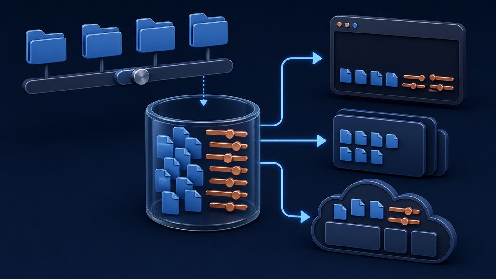 A constructed diagram routes blue repository-fact tiles and copper preference controls from one central store to three distinct work surfaces.