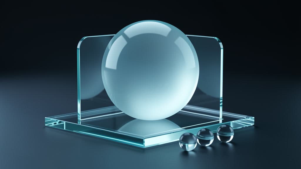 A smooth luminous glass sphere waits behind a transparent approval gate, with smaller unmarked glass beads for data, cost, compliance, and rollback nearby.