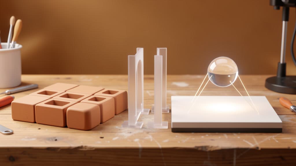 A tabletop model with blank component blocks, safety gates, and a glowing agent orb separated into product layers