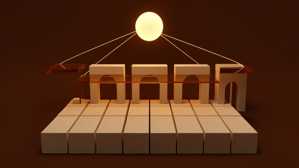 An abstract layered product model with blank component blocks, glass gates, and a glowing agent layer above them.
