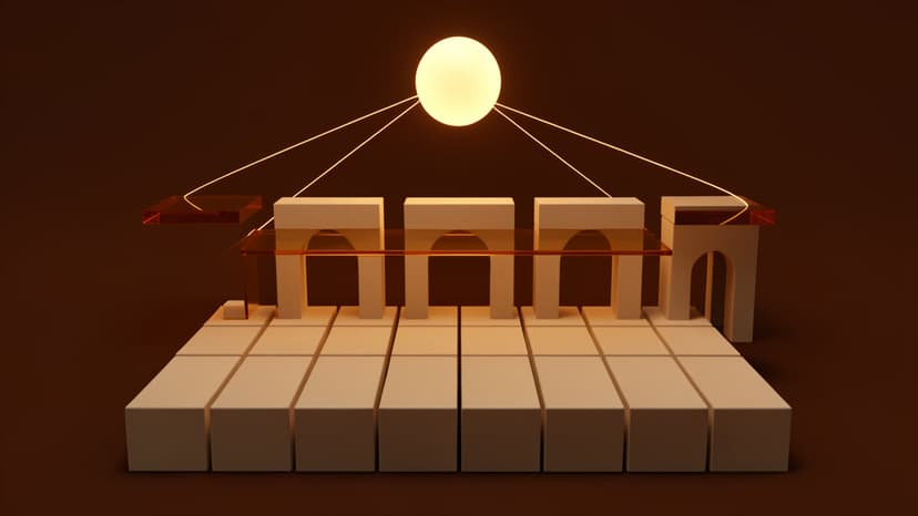 An abstract layered product model with blank component blocks, glass gates, and a glowing agent layer above them.