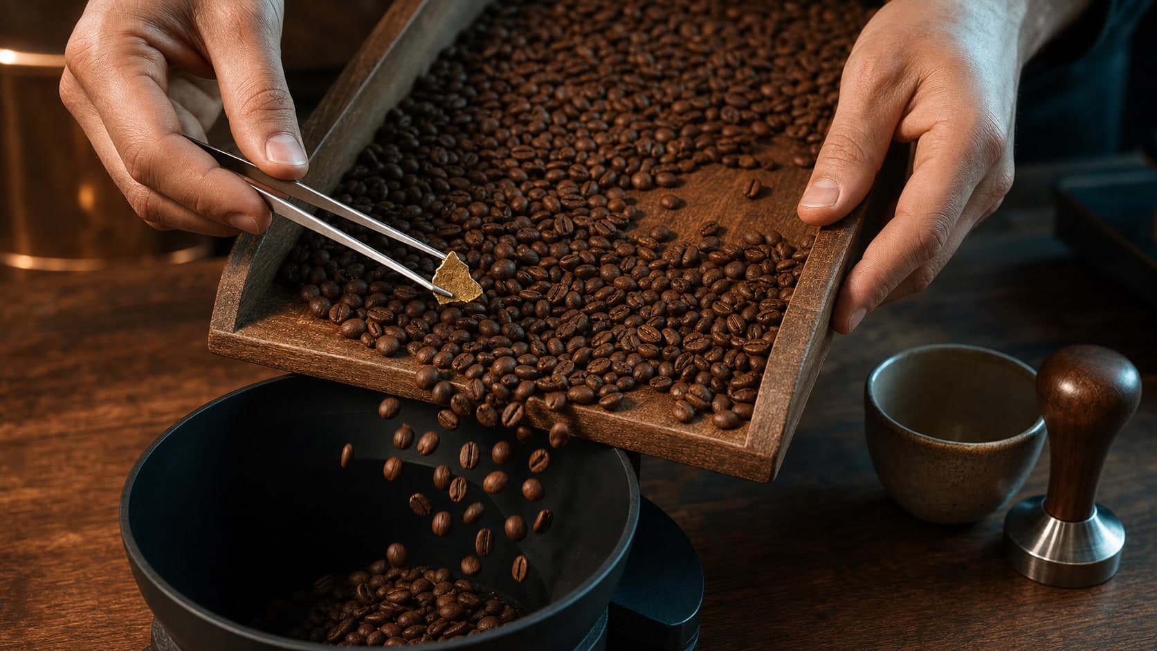 One hand points metal tongs toward an irregular gold-colored fragment among roasted coffee beans while another tilts the wooden tray so beans fall into a black hopper.
