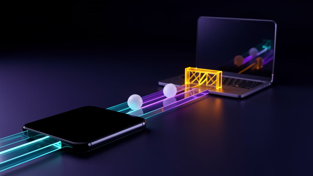 A dark studio scene with a blank glass phone shape, glowing agent paths, and an amber boundary gate before a distant workstation block.