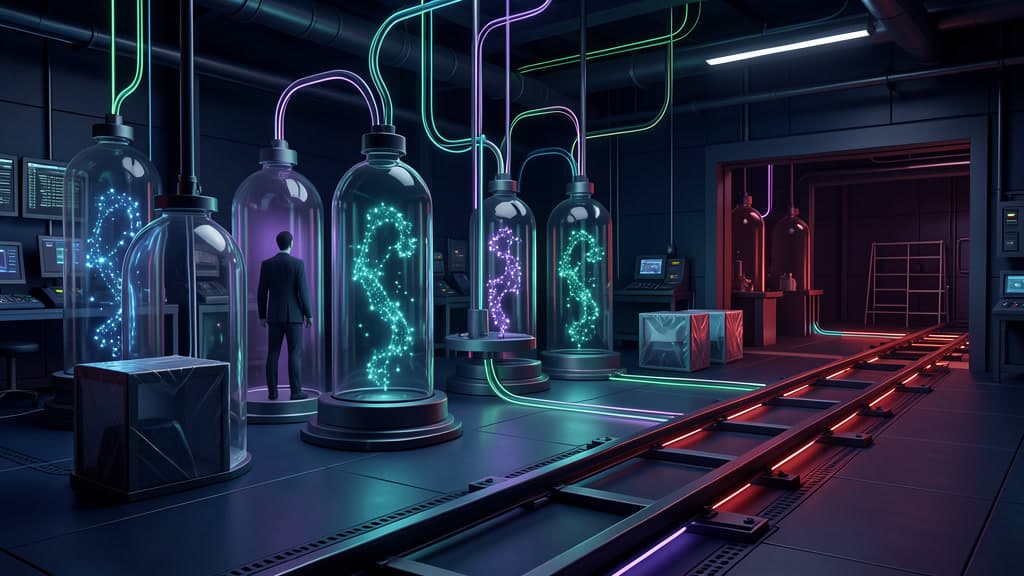 Cool-toned glass capsules connected by glowing rails, representing portable AI workflow state moving through an open infrastructure layer.