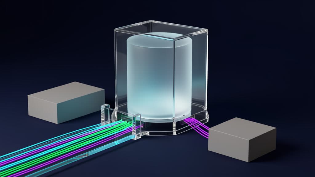 A small glowing database core in a dark studio, tethered by transparent rails and gates to a single narrow path, in a navy, cyan, and violet palette.