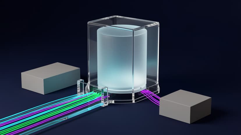 A small glowing database core in a dark studio, tethered by transparent rails and gates to a single narrow path, in a navy, cyan, and violet palette.