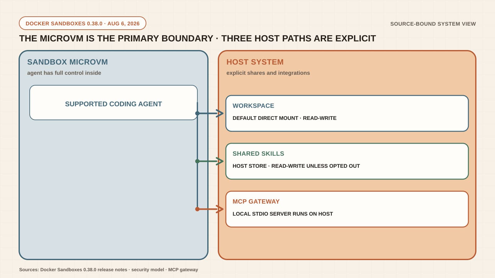 A diagram places a supported coding agent inside a Docker sandbox microVM and traces a default read-write workspace, shared host-side skills store, and MCP gateway to the host system.