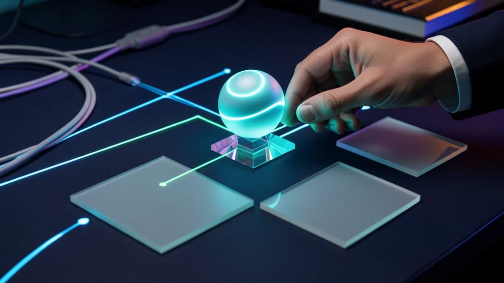 A hand traces glowing diagnostic paths between blank evidence tiles and an abstract AI orb on a dark technical workbench.