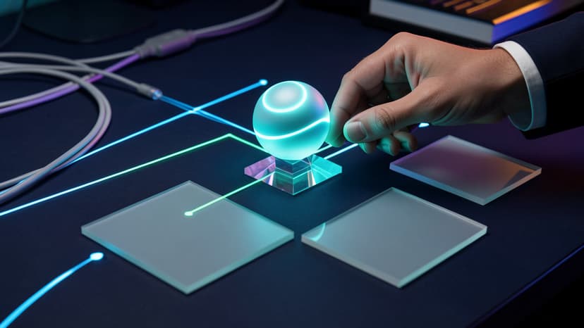 A hand traces glowing diagnostic paths between blank evidence tiles and an abstract AI orb on a dark technical workbench.