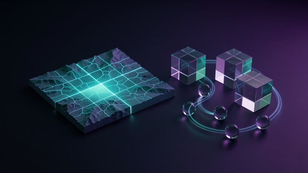 A cool-toned terrain tile with glowing geospatial cells connected to blank glass verification blocks and beads.