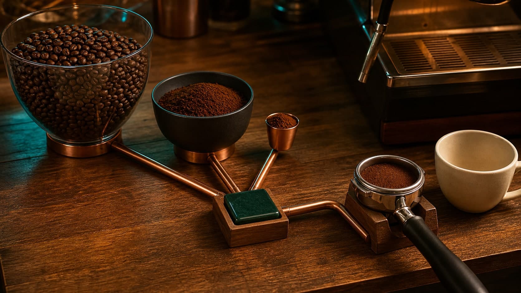 A glass hopper of coffee beans, a bowl and copper cup of grounds, a green ceramic square, a filled portafilter, and an espresso cup connected by copper rails.