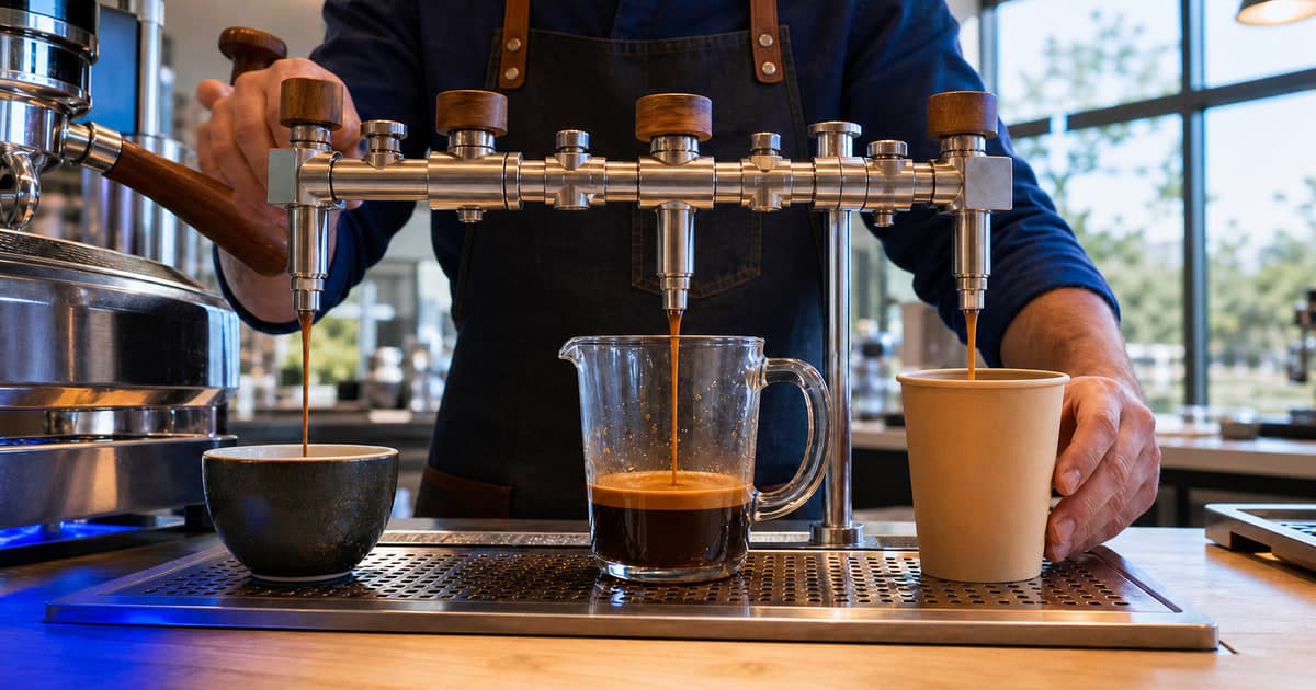 A barista checks three espresso streams flowing into a ceramic cup, a glass measuring carafe, and an open takeaway cup.