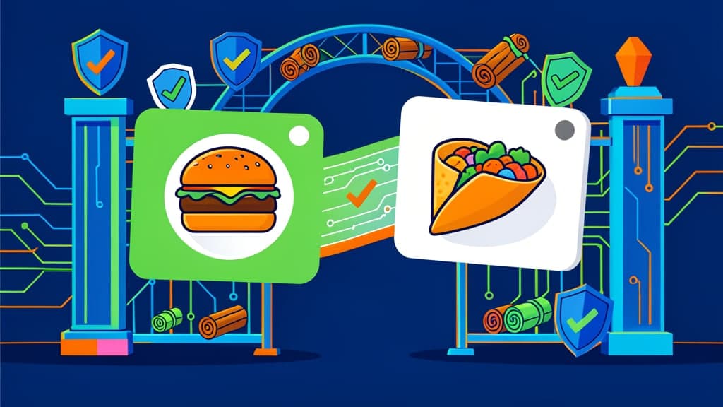 Illustrated burger and burrito chat cards behind circuit gates and shield icons.
