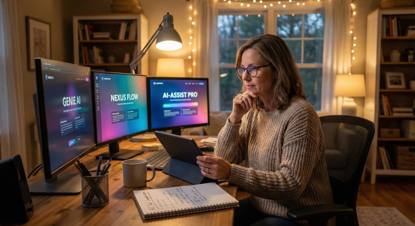 Small business owner choosing between AI tools