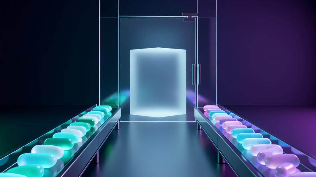 Cool-toned glass lanes carrying proposed machine work toward an empty review chamber.