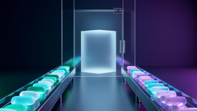 Cool-toned glass lanes carrying proposed machine work toward an empty review chamber.