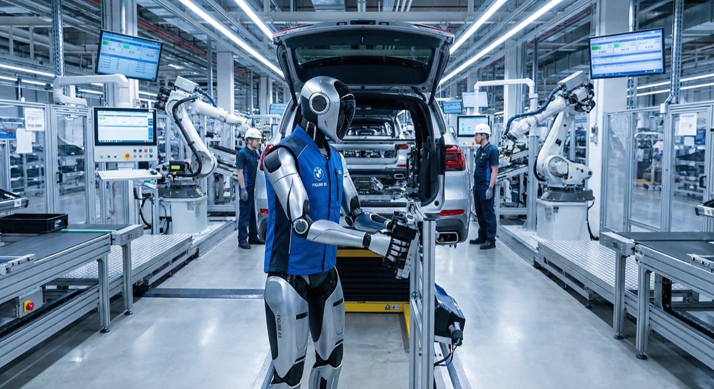 Figure 03 robot working in a BMW car factory, assembling parts, high tech environment, photorealistic