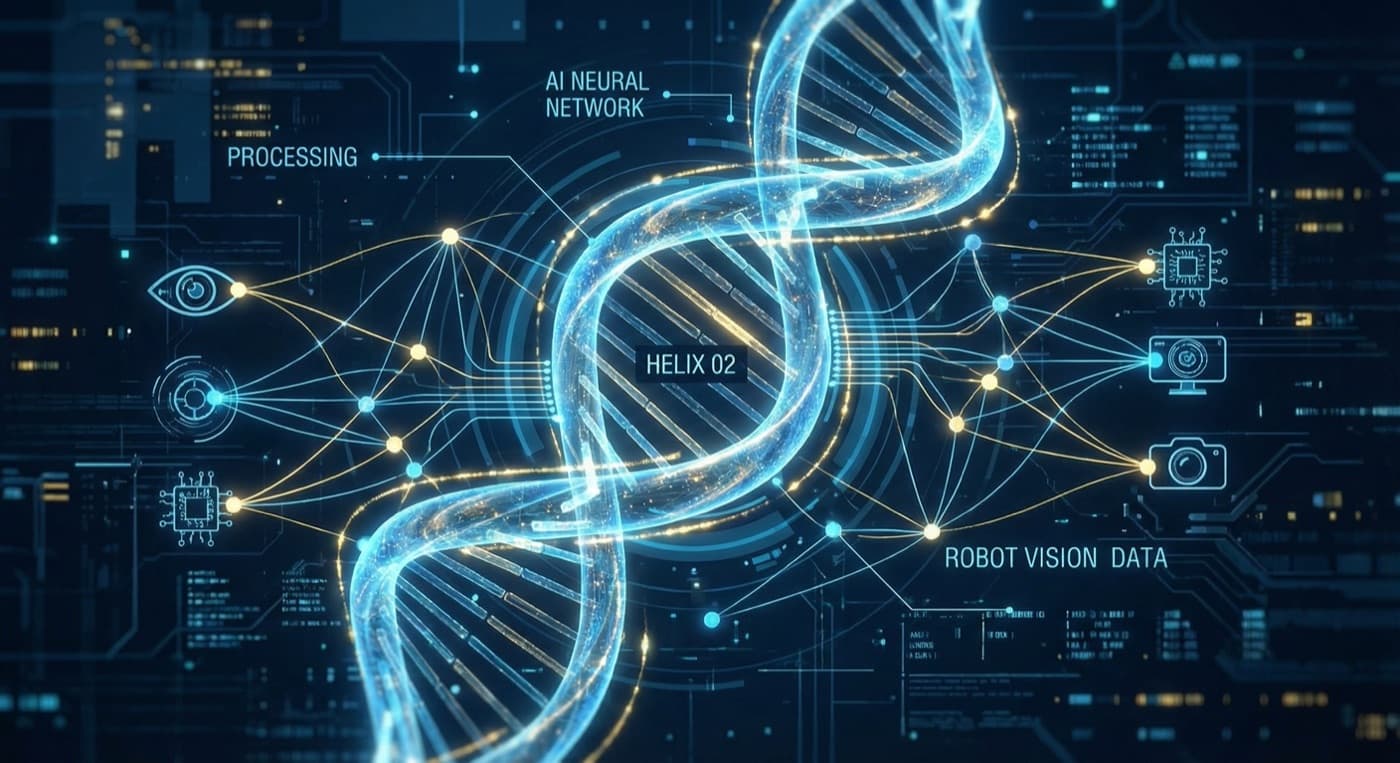 Visualization of Helix 02 AI neural network processing robot vision data, blue and gold nodes, digital art
