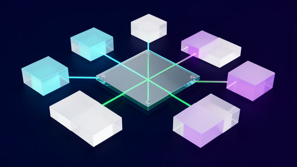 Abstract glass blocks and light paths converging into a finance workflow context map