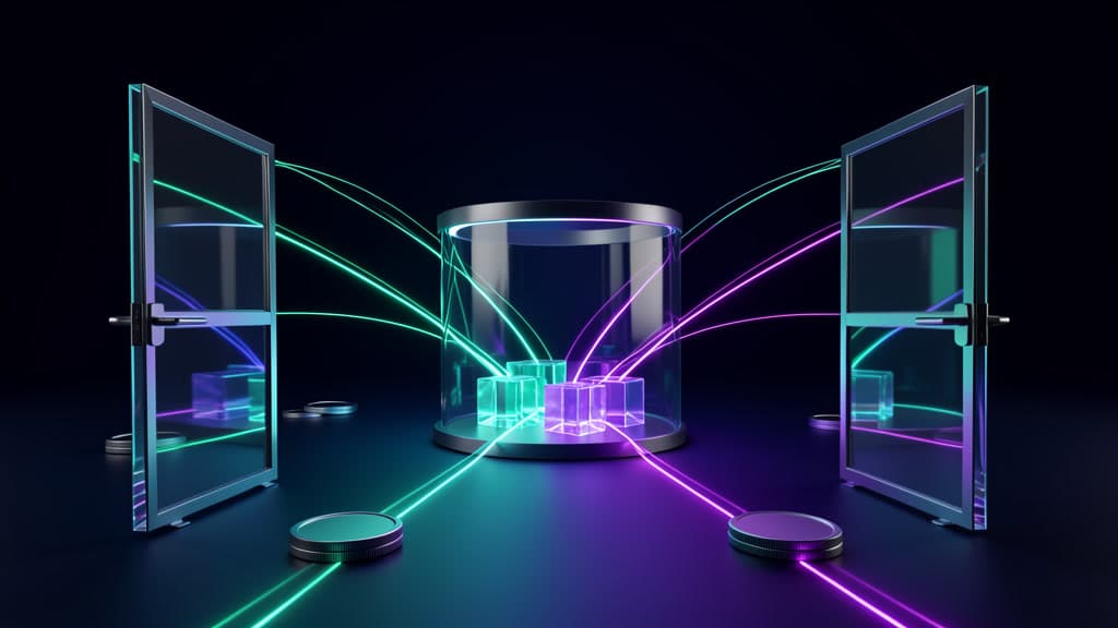 Cool-toned glass gates and glowing finance workflow paths converging into a controlled agent review chamber.