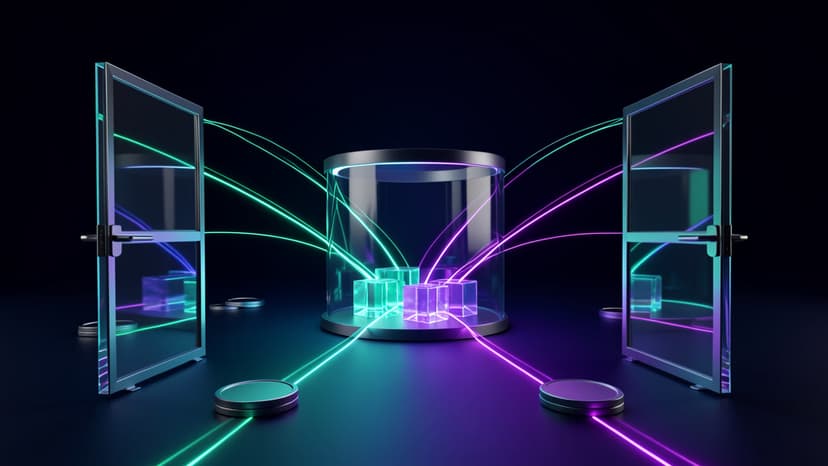 Cool-toned glass gates and glowing finance workflow paths converging into a controlled agent review chamber.