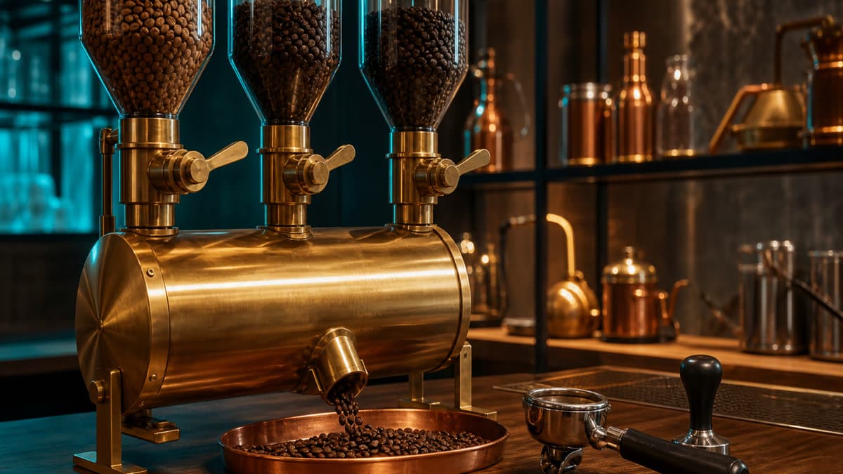 Three clear coffee-bean hoppers feed a closed brass blending drum with separate shutoff levers, while one blended batch drops into a copper tray beside a portafilter on a coffee-lab bench.