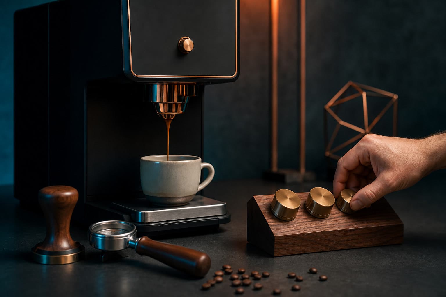 A hand grips one of three brass knobs on a separate wooden control block while an espresso machine pours into a cup.