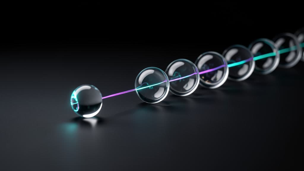 A luminous glass bead sending a cyan and violet light thread through a row of clear glass spheres on a dark surface, no text or icons.