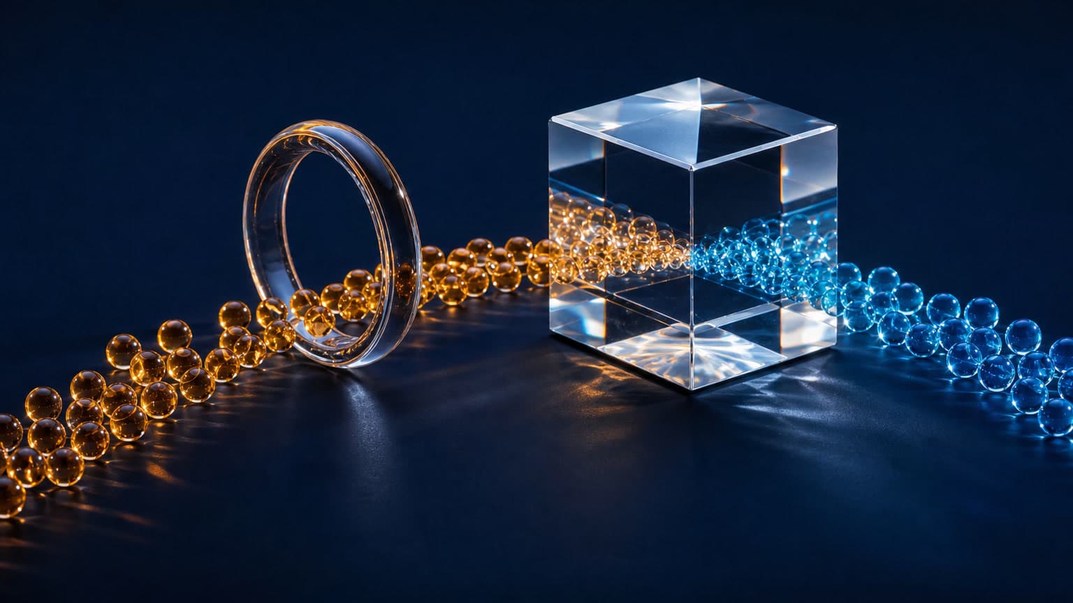 Amber and blue glass beads enter a clear faceted cube from opposite sides, with the amber beads passing through a glass ring.