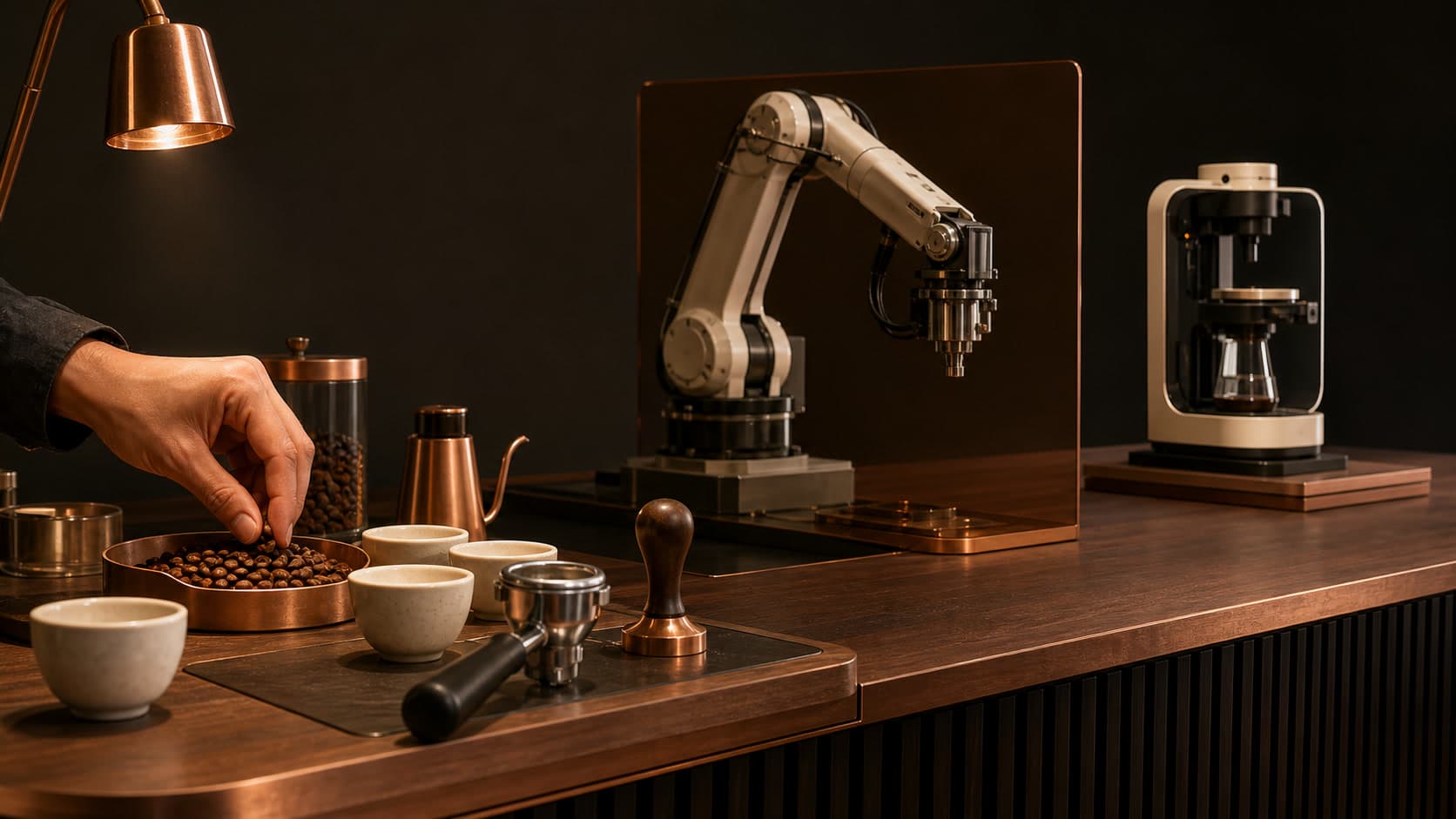 A barista's hand sorts roasted coffee beans beside tasting cups, a portafilter, and a tamper while a robotic arm sits behind a transparent divider and a compact brewer stands on a separate platform.