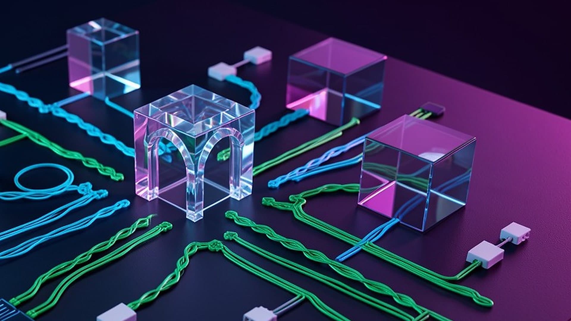 Glass accessibility review gate with cyan and emerald focus paths connecting structured interface components on a dark violet tabletop.