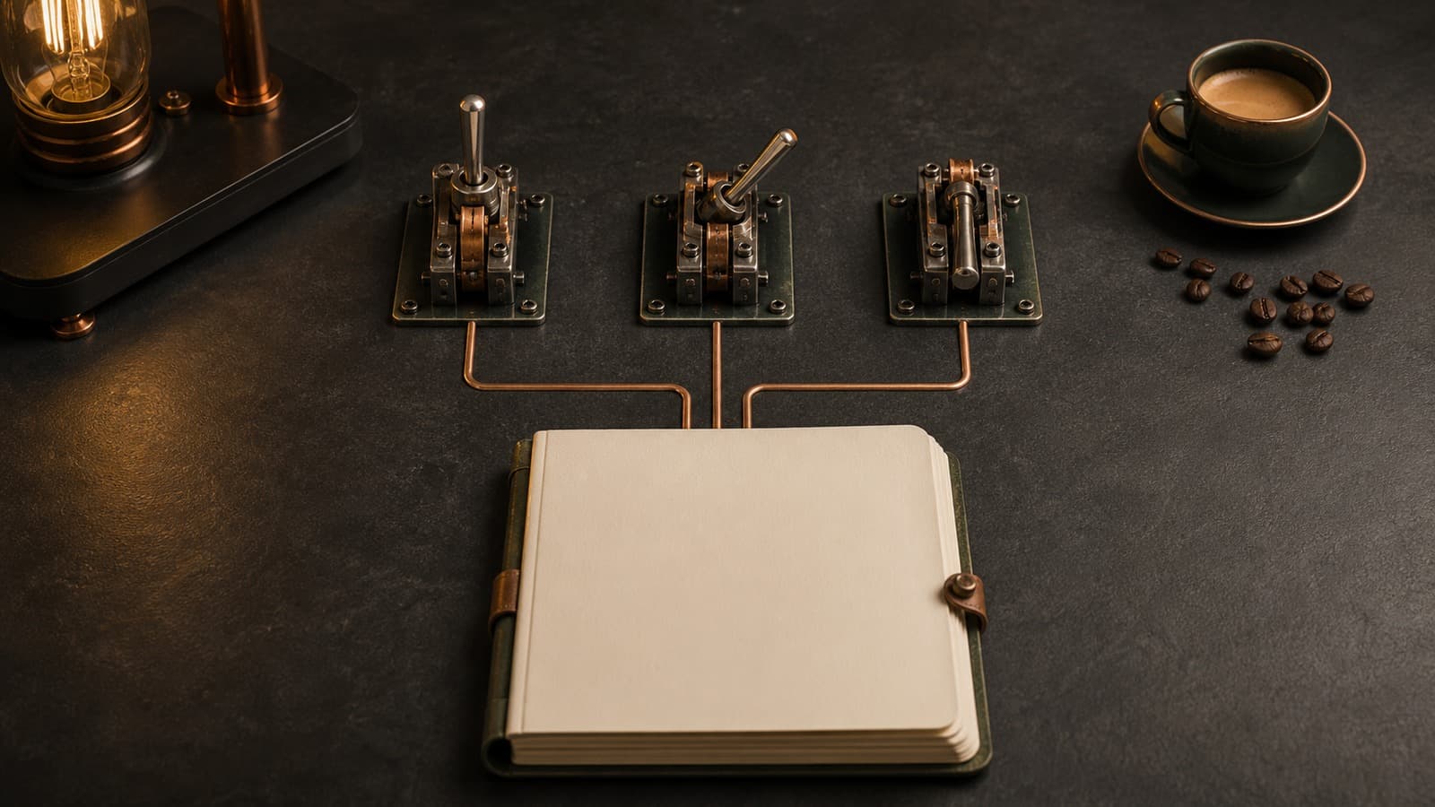 Three unlabeled mechanical switches connect by copper traces to a blank paper ledger on a charcoal workbench.