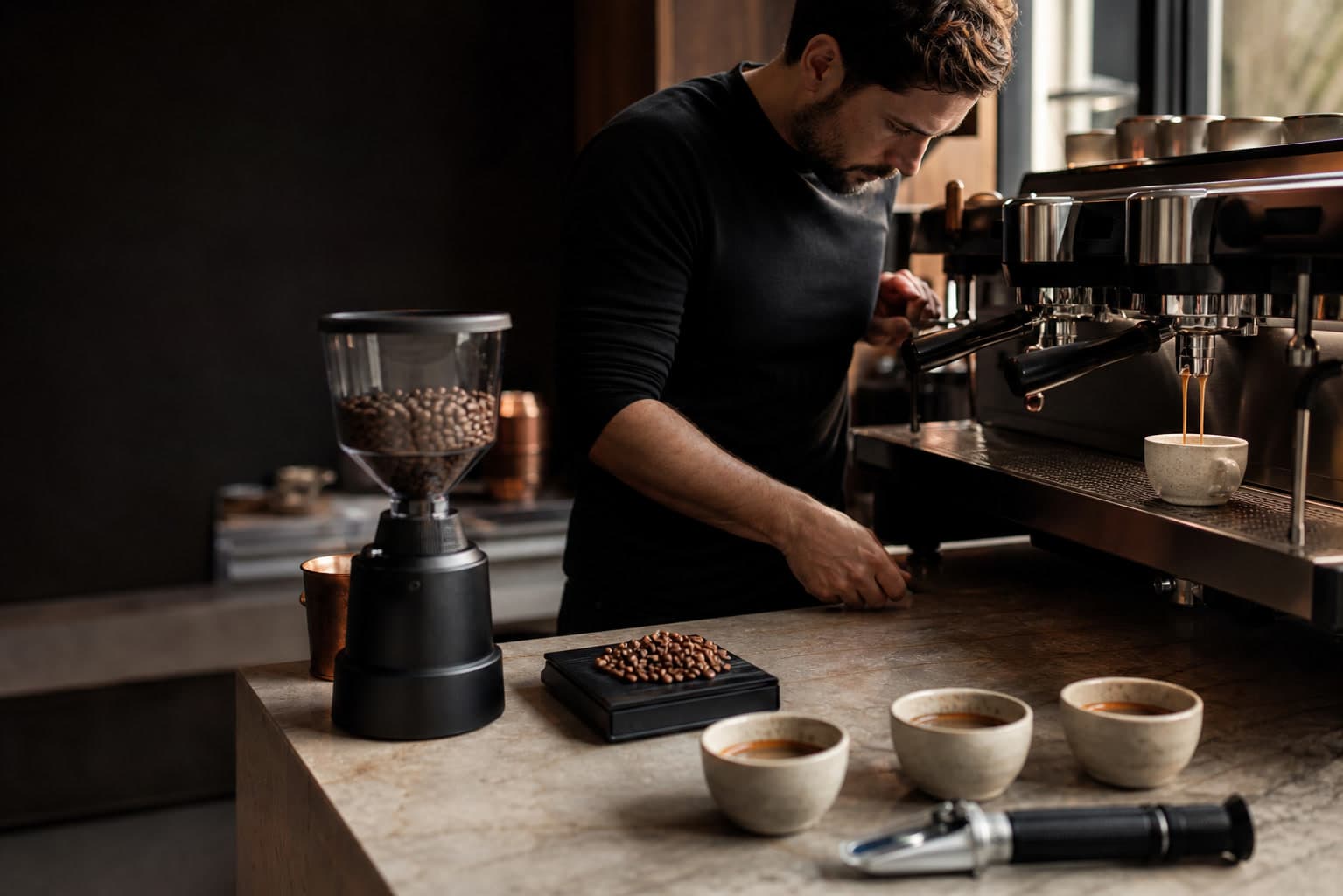 A barista pulls espresso beside a grinder, a bean-covered scale, three ceramic tasting cups, and a handheld refractometer on a dark coffee-lab bench.