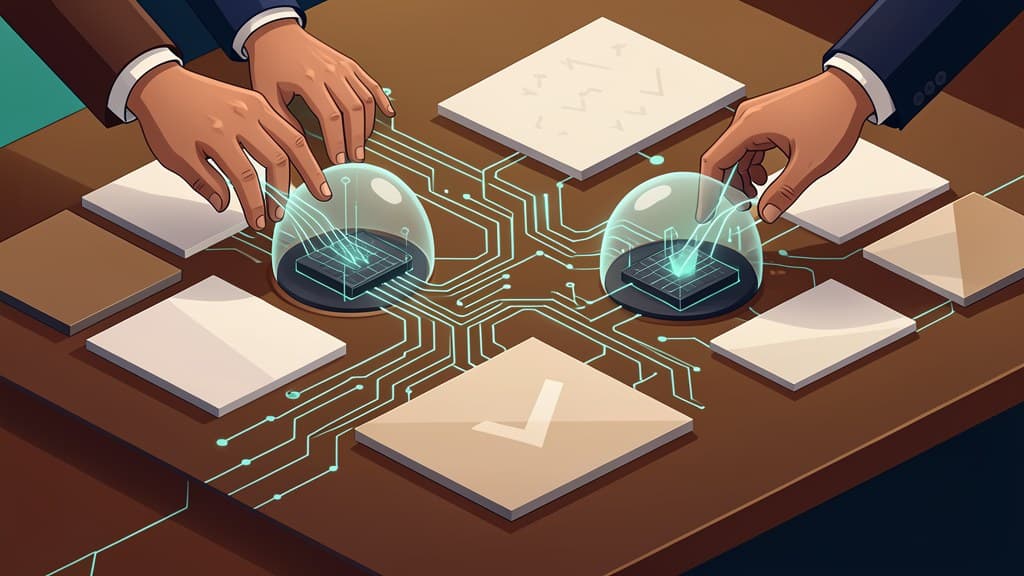 Illustration of hands coordinating AI coding-agent delivery sessions across connected work tiles.