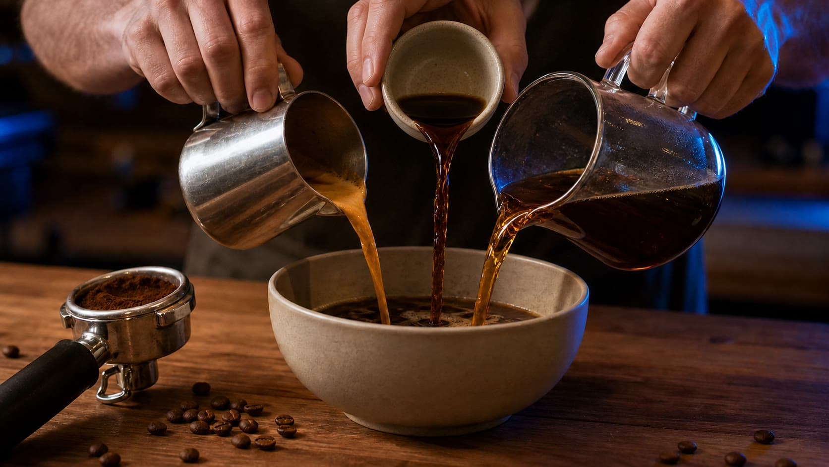 Three hands pour coffee from a stainless pitcher, a ceramic cup, and a glass server into one large ceramic bowl beside a portafilter and scattered coffee beans.