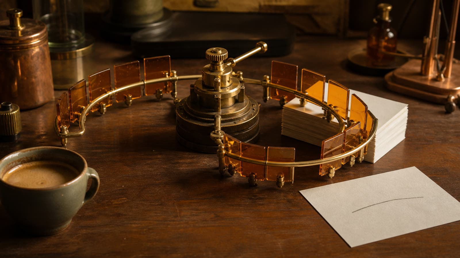 A brass rotary mechanism circles amber glass tiles and a stack of blank paper, while a separate pencil-marked sheet remains outside the mechanism.