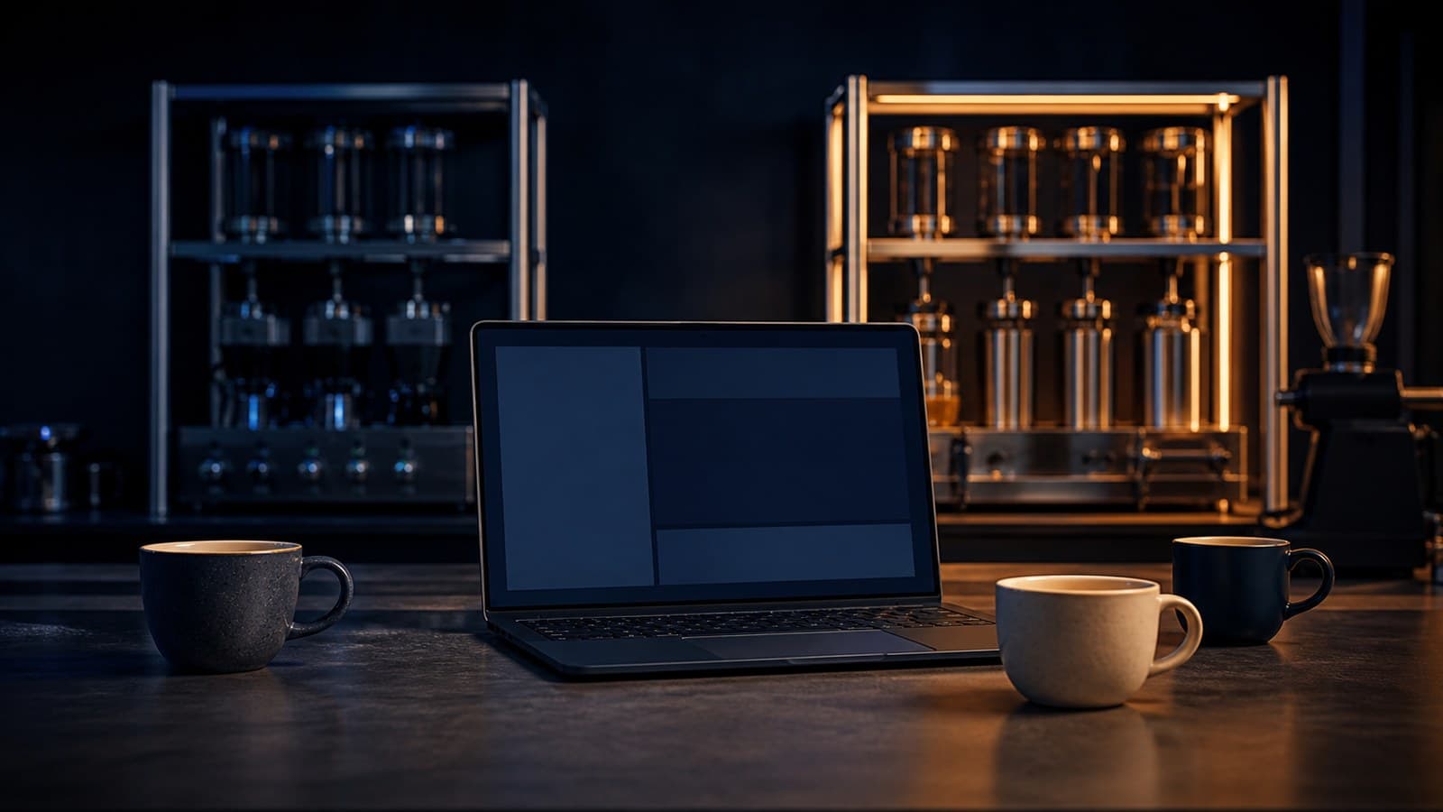 A dark laptop with a blank screen sits in front of two separate metal equipment racks, one lit warm amber and the other lit cool blue.