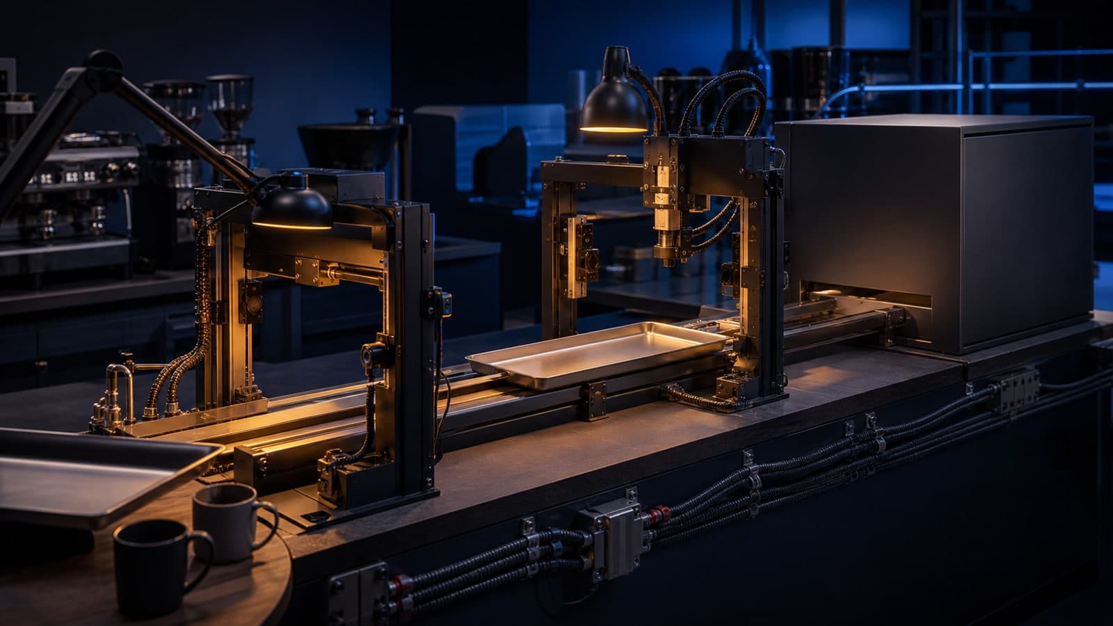 A blank metal tray follows rails through two separate machine frames toward a closed cabinet on a dark industrial workbench.